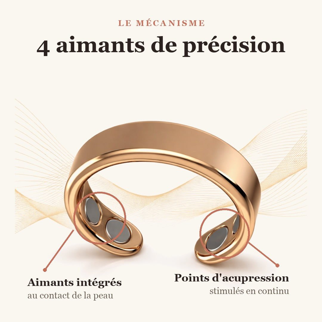 Les 4 aimants de précision de la bague Calmeya au contact des points d'acupression