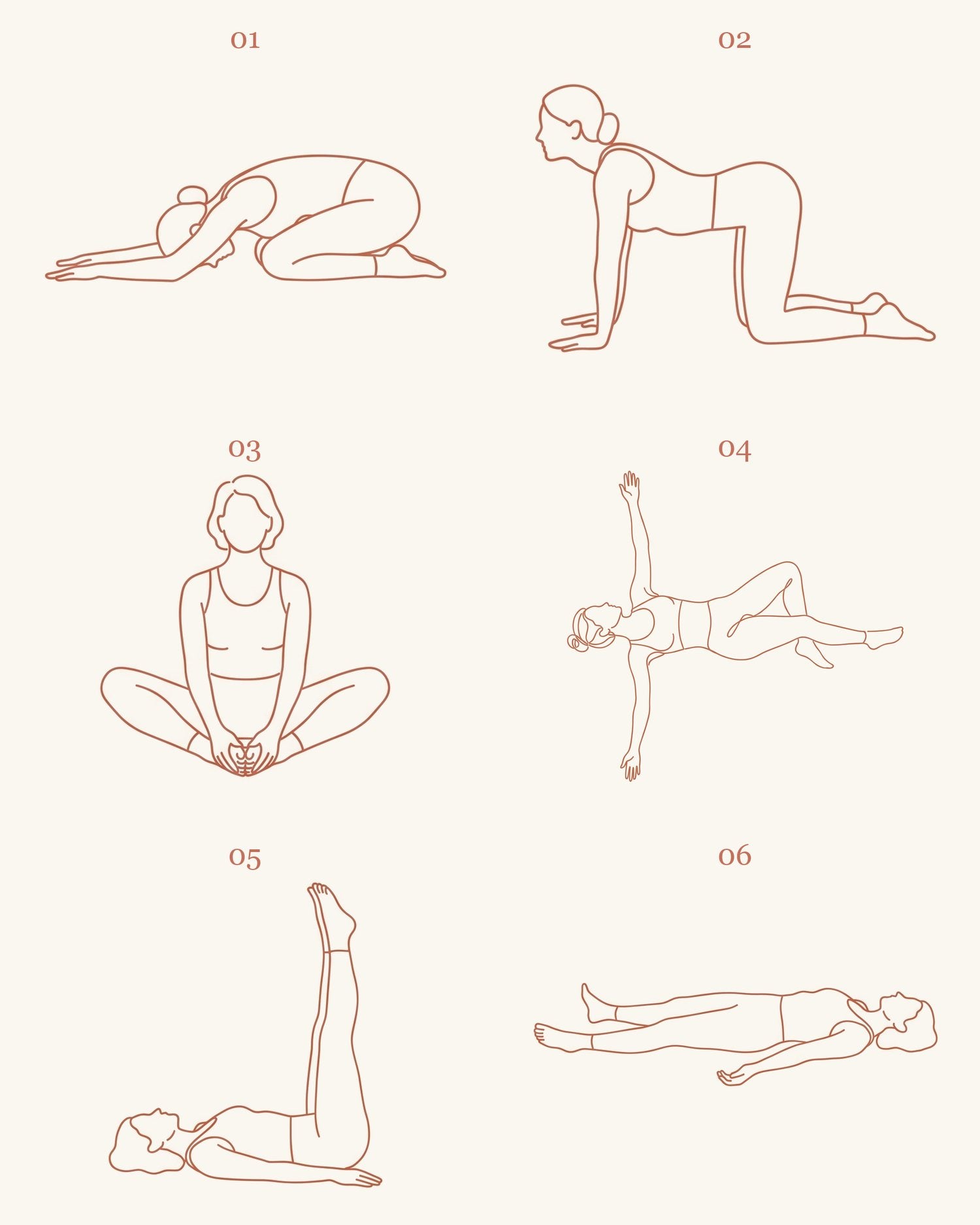Les six postures de yoga doux du programme, numérotées